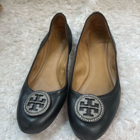 Tory Burch Shoes - Tory Burch Leather Black Liana Round Toe Rhinestone Logo Slip on  Flats SZ7.5M